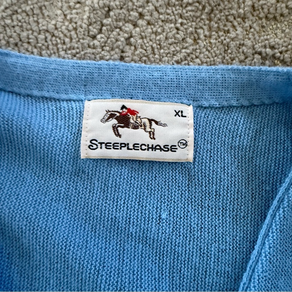 Vintage Cardigan sweater Steeplechase Blue button front horse embroidery XL - Picture 3 of 8